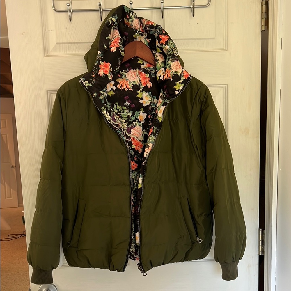 Olive Green Puffer Jacket with Floral Interior